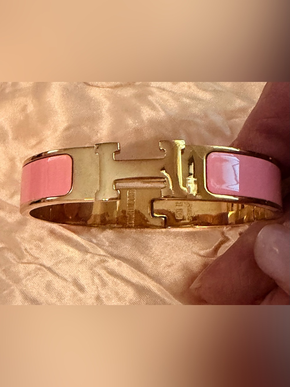 Gold-Tone Pink Enamel H Logo Cuff Bracelet